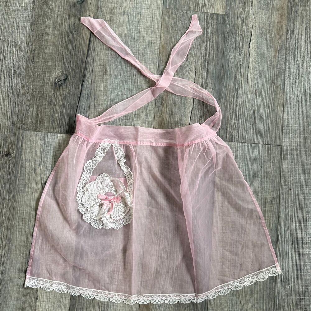 Vtg Hostess Half Apron Sheer Pink MCM 50s Pocket Retro Tie Trad Cottage Lace